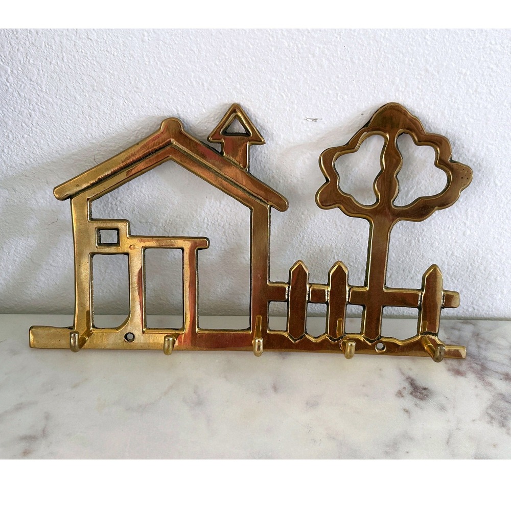 Vintage Solid Brass House Fence Tree Key Rack Wall Mount 5 Hook Organizer